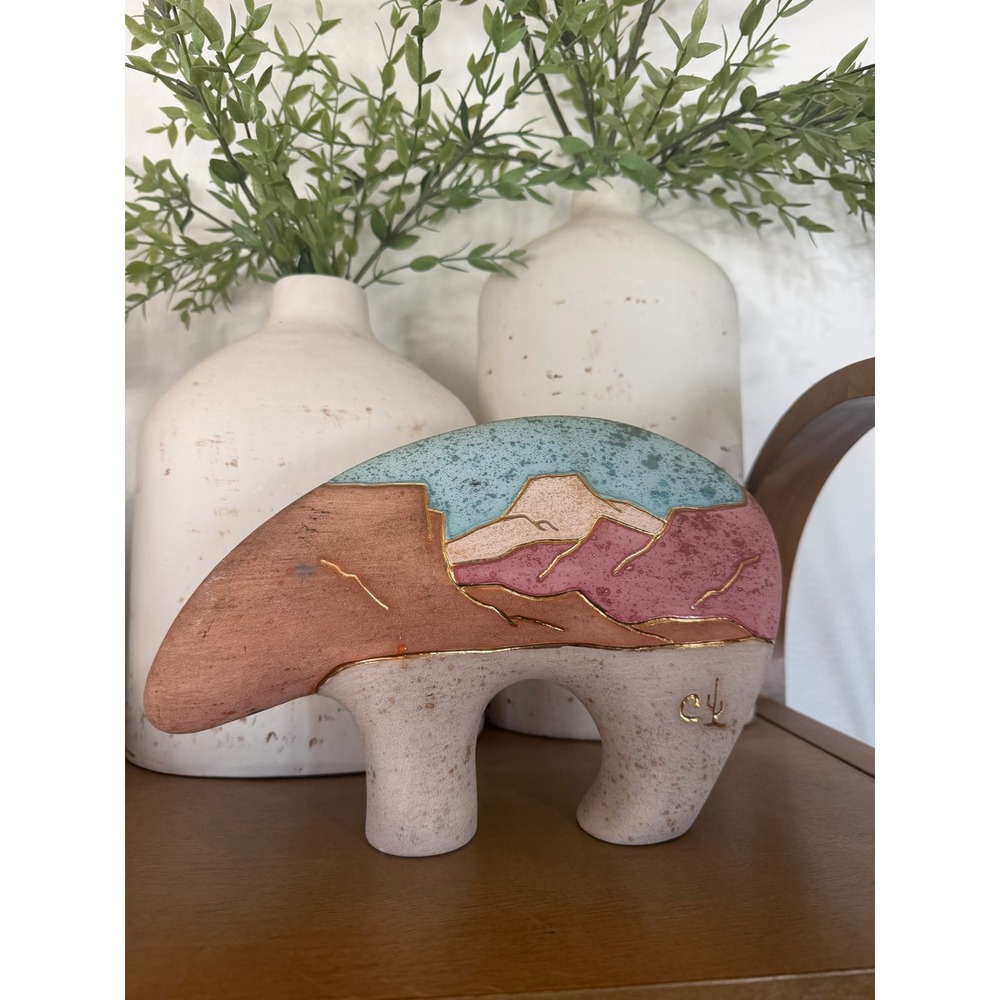 Southwestern Pottery Bear Figurine Desert Landscape Gold Accents Signed CL 8.5"